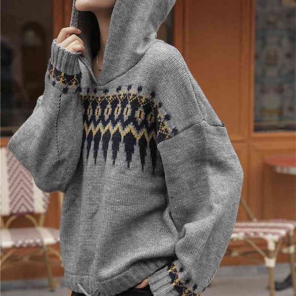 

women's knits & tees grey argyle knitted sweater women hoodie winter pullover fashion vintage loose jumper knitwear yagn, White