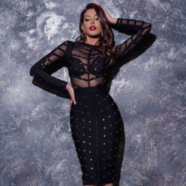 

2021adyce 2021 new women black lace bandage dress autumn midi long sleeve mesh bead bodycon club celebrity party club dresses, Black;gray