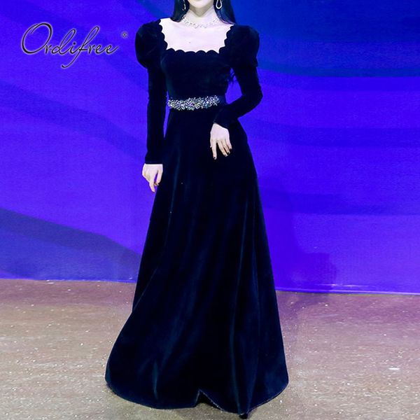 

spring autumn elegant women black velvet long sleeve tunic vintage party maxi dress 210415, Black;gray