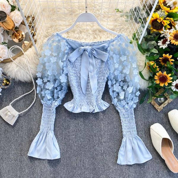 

women's blouses & shirts elegant spring summer women short shirt sweet 3d flower appliques mesh crop slash neck puff long sleeve ladie, White