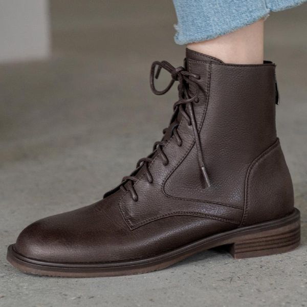 

boots women's genuine leather lace-up flats autumn ankle round toe casual short british style shoes, Black