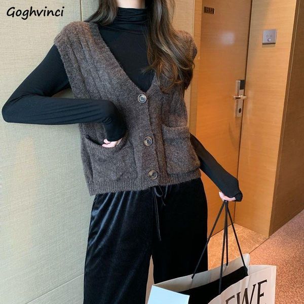 

women's vests sweater womens autumn v-neck korean style elegant office ladies loose pockets buttons all-match leisure femme, Black;white