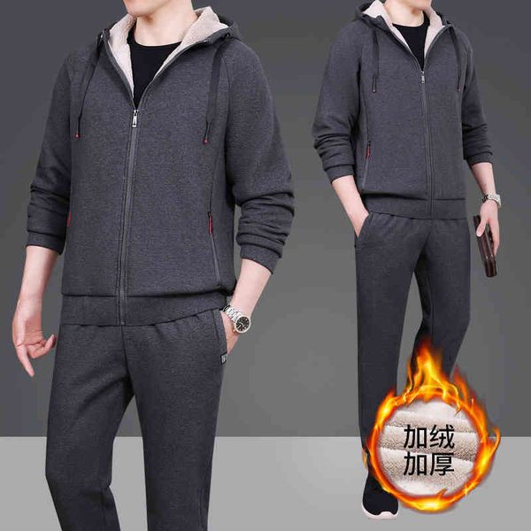 

middle aged and elderly men's casual hooded sweater set autumn and winter plush fat coat father's sportswear two-piece set, Gray