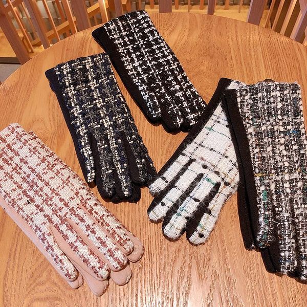 

five fingers gloves brand striped cashmere wool women elegant winter warm full finger mittens touch screen driving christmas gift, Blue;gray