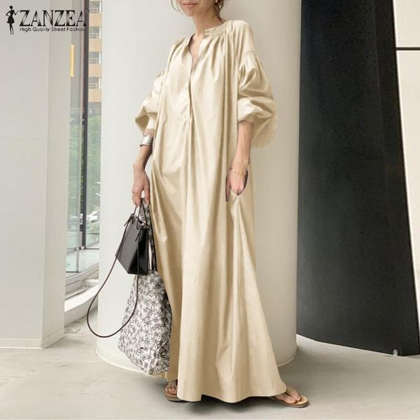 

casual dresses stylish women sundress autumn lantern sleeve maxi long dress 2022 spring v neck solid loose party vestidos plus size 7, Black;gray