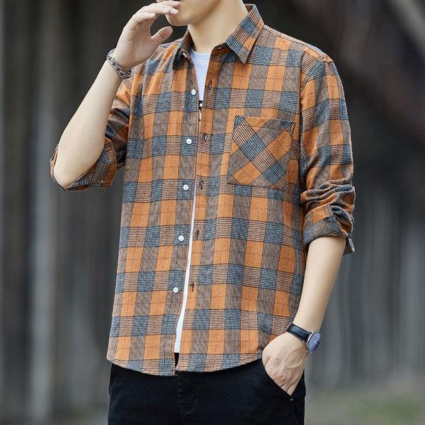 

men's casual shirts 2021 shirt loose plaid with pocket long sleeve blouse autumn winter button cotton blouses o232, White;black