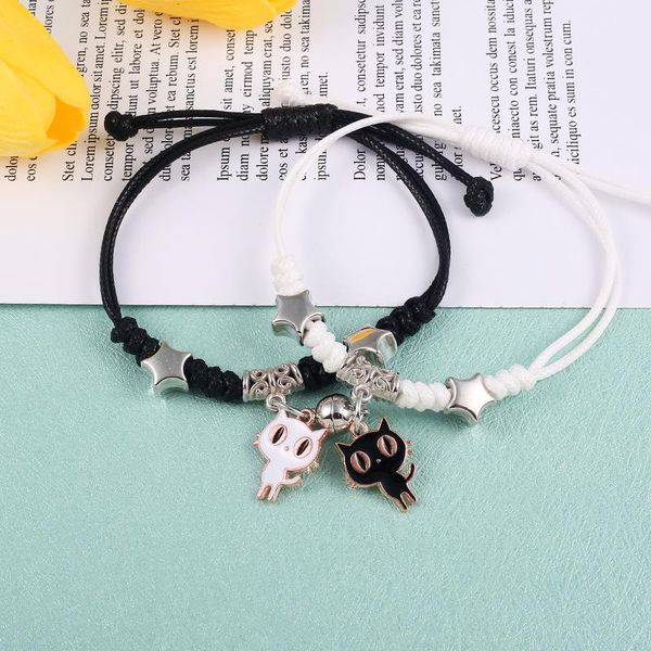 

link, chain 2pcs/set magnet attracts couple charm adjustable bracelet for women cartoon heart key lock link wrist friend jewelry, Black