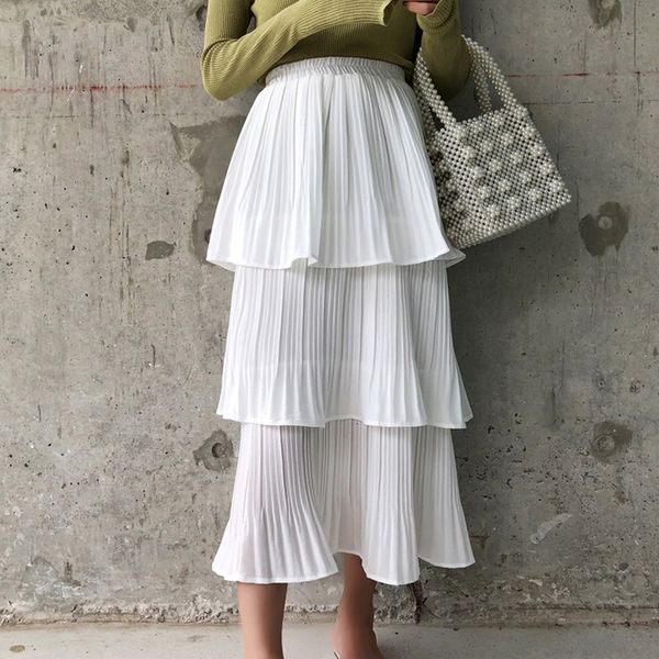 

skirts spring summer fairy solid white black cakee layered sweet ruffles tiered mid-calf crepe chiffon pleated long skirt