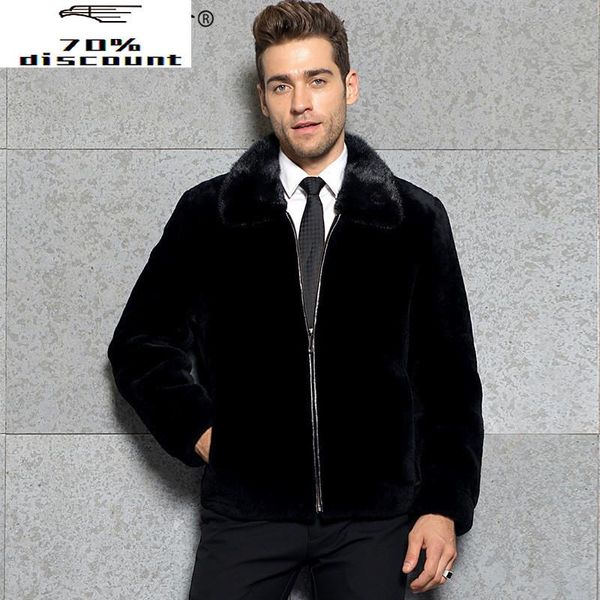 

men's leather & faux real fur coat men clothes 2021 winter sheep shearling jacket man mink collar 200% wool coats hooded kj3002, Black