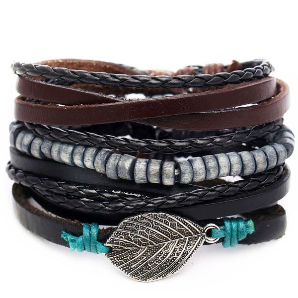 

charm bracelets fashion multi-layer winding leather rope braided bracelet for men punk hip hop jewelry creative leaf beaded, Golden;silver