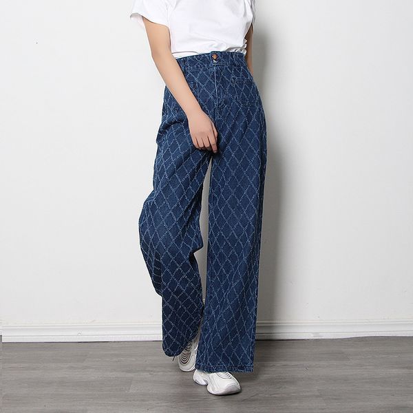 

jeans 2021 style blue stylishlight denim vintage trellice print straight long pants