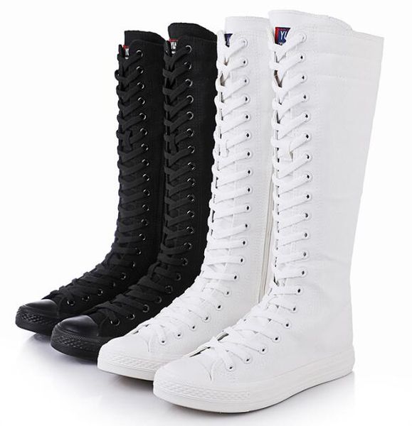 

lace up zip mid calf high shoes women new arrival high canvas boots shoes female plus size 34-43 tall punk shoes, Black