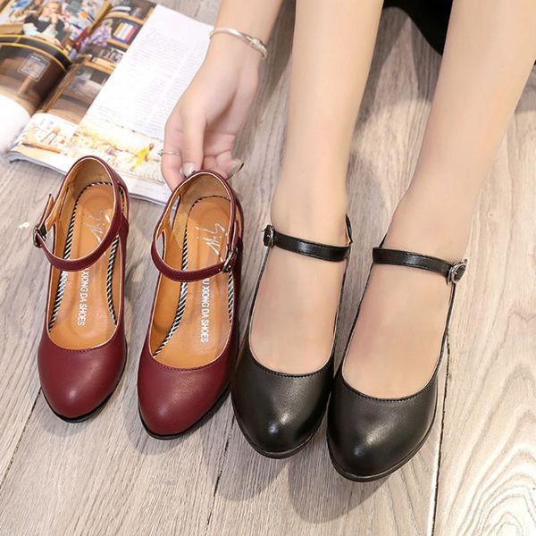 

dress shoes leather pumps women england style summer work solid round toe low heel buckle lady wedding school dancing pump nice, Black