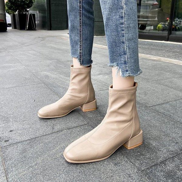 

boots autumn winter women zipper square toe elastic suede woman short cotton ankle women's botas mujer 2021 drop, Black