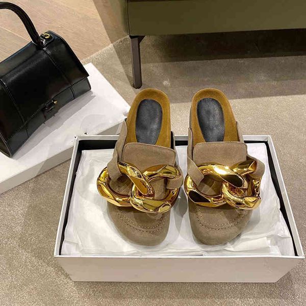

sandals 2021summer women mules slipper low heels casual slides flip flop round toe arrival brand design gold chain closed slip sho, Black