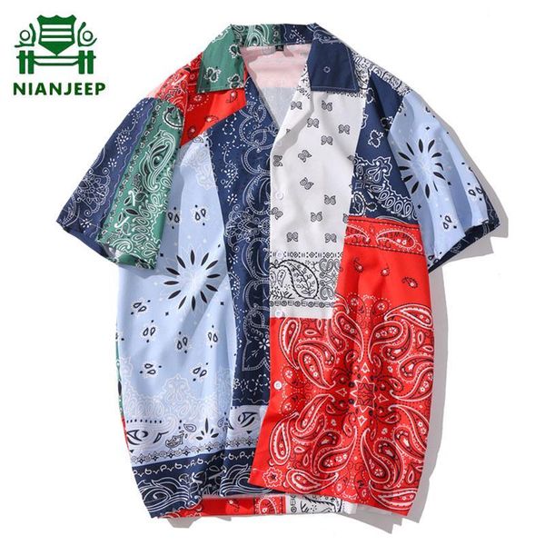 

men's casual shirts hip hop printed shirt men women summer patchwork hawaii beach shirts male harajuku streetwear vintage men's s, White;black