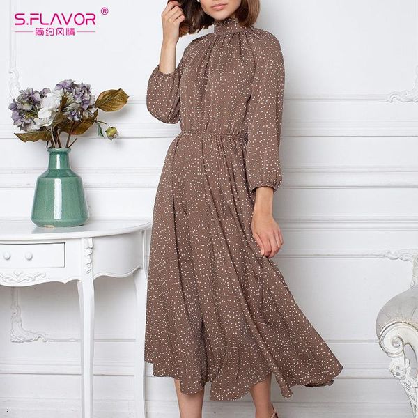 

s.flavor spring dot print stand collar dress for women casual wrist sleeve a line mid dresses famme elegant party vestidos, Black;gray