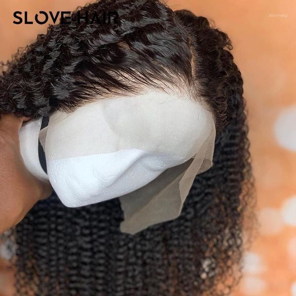 

13x4 front human hair wigs for women kinky curly bob wig 150% lacepluck remy brazilian bleach knots middleratio slove lace1, Black;brown