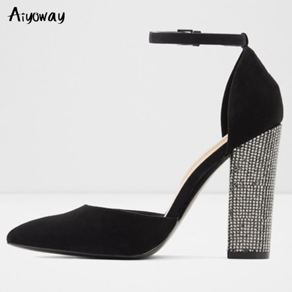 

dress shoes aiyoway style women crystal heels pumps ankle-wrap ladies party evening pointed toe buckle strap sandals, Black