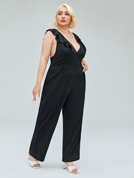 

plus plunging neck ruffle trim wide leg jumpsuit e0v8#, Black