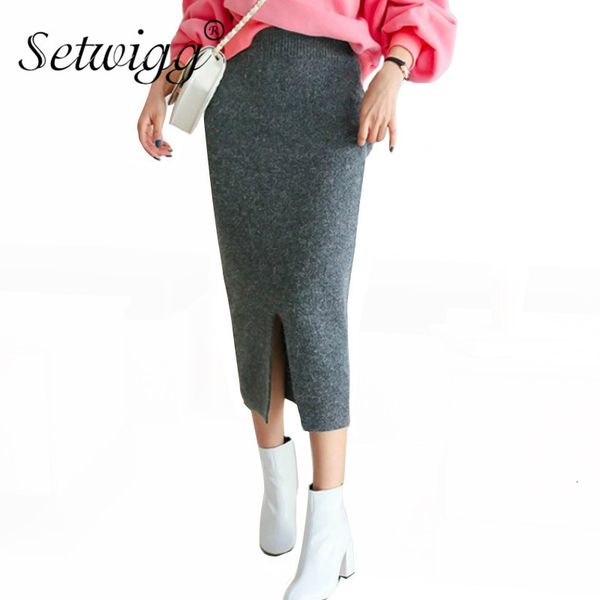 

skirts fashion women winter warm cashmere pencil knit grey bodycon rabbit hair split knitted skirts autumn long skirt, Black