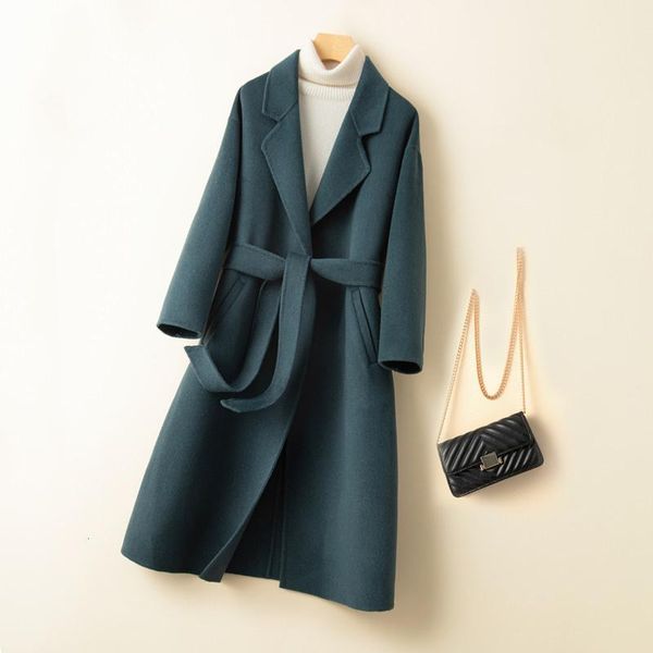 

women's wool & blends 100% coat womens clothing double-sided woolen jackets famale long overcoat belt woman's outerwear sobretudo f, Black