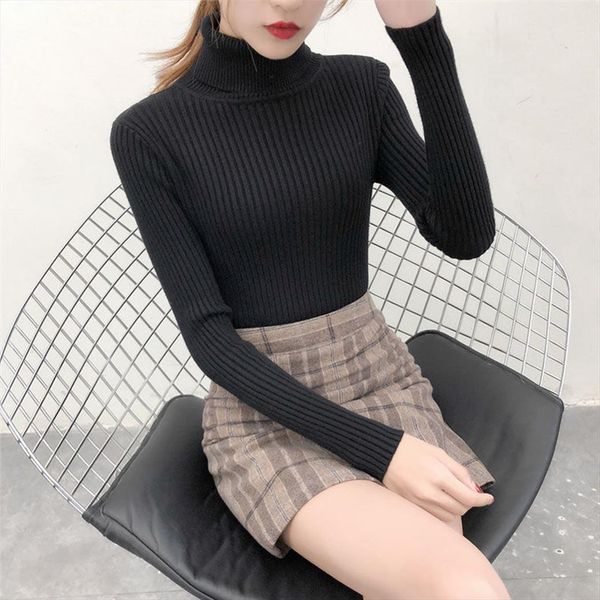 

winter women long sleeve sweaters black knitted turtleneck pullover female slim color solid jumper, White;black