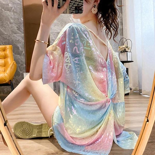 

women's t-shirt 2021 fashion women summer backless round neck shiny letters print short sleeve loose, White