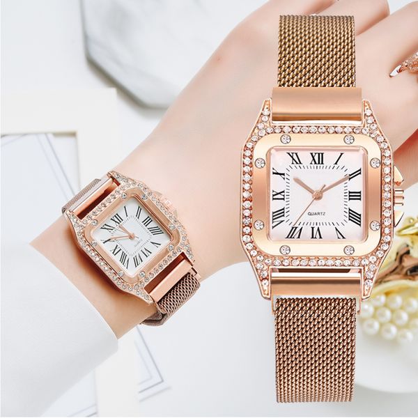

new watches women square rose gold wrist watches magnetic fashion brand watches ladies quartz clock montre femme, Slivery;brown