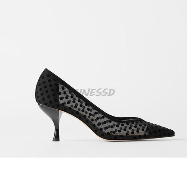 

dress shoes spring dot mesh women low thin heel pointed toe pumps, Black