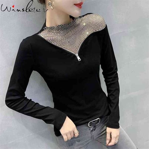 

spring autumn women turtleneck mock neck diamonds hollow out zipper black long sleeve slim stretchy t010201a 210421, White