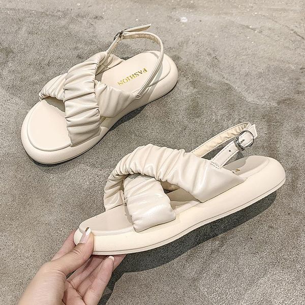 

sandals brand designer 2021 summer women comfortable platform flat woman casual fold beach sandalias shoes, Black