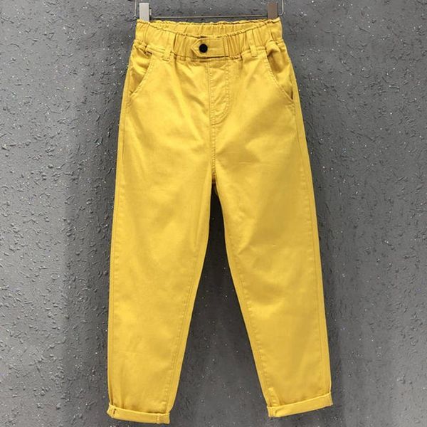 

summer harem elastic waist cotton womens capri casual solid loose yellow white black jeans trousers female, Black;white