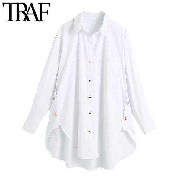 

traf women fashion with side buttons loose asymmetrical blouses vintage long sleeve pockets female shirts chic 210721, White