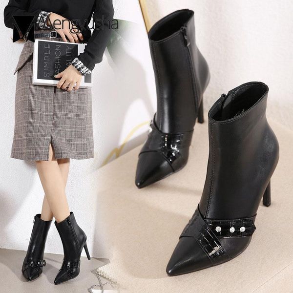 

boots crystal cross band riding bottine femme hiver 2021 european winter women pointed toe stiletto high heels plush short botas, Black