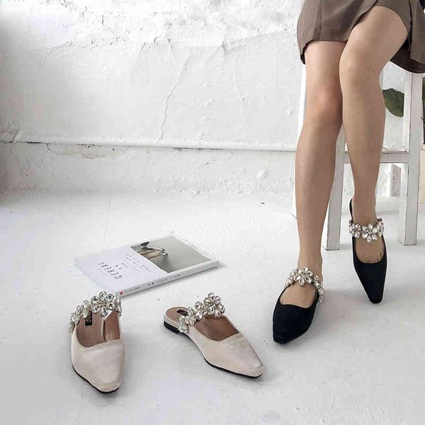 

fashion women slippers round toe slides crystal mules shoes shallow design outdoor flats casual beach shoes woman size 35-39 210513, Black