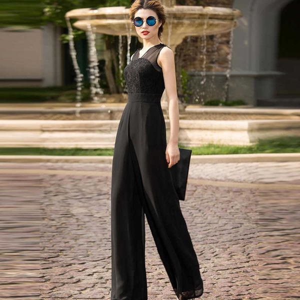 Overall Frauen Sommer High Street Chiffon Elegante Volle Länge Breite Bein Party Weiße Spitze Overalls Plus Größe Strampler 3XL 4XL 210625