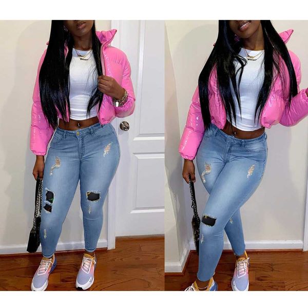 

women solid ripped skinny jean pants with hole lady fall slim fit, Blue