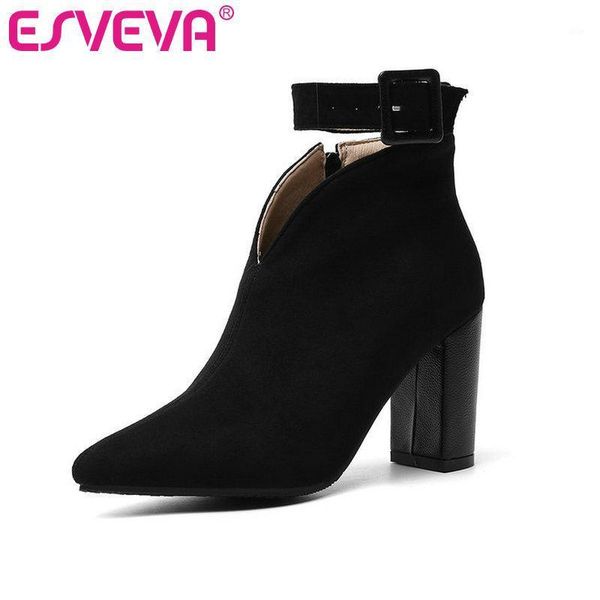 

boots esveva 2021 women shoes winter ankle square high heel buckle strap pointed toe motorcycle platform size 34-431, Black