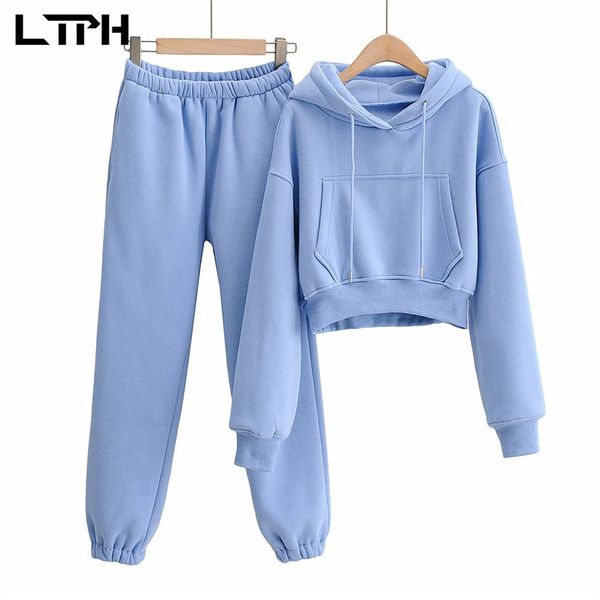 

sports casual solid women set loose thick warm pocket hoodies sweatshirts pants tracksuit 2 piece autumn winter 210427, White