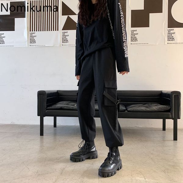 

nomikuma korean streetwear cargo pants joggers women solid color casual loose trousers female arrival pantalones mujer 3d017 210514, Black;white