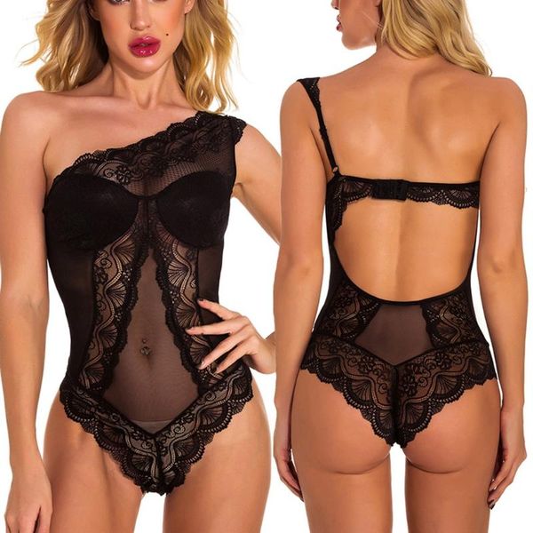 

lace bodysuit women plus size one shoulder backless short jumpsuit summer bodycon clubwear overalls woman clothes women's jumpsuits & r, Black;white