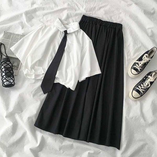 

preppy fashion suit women summer harajuku korean students all-match short shirt two-piece elegant cool streetwear 210526, White