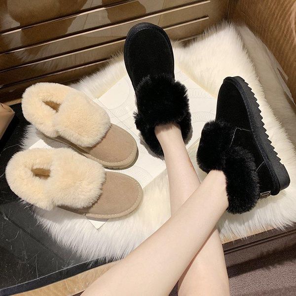 

boots women's ankle round toe faux fur elastic snow thick heels flat high women winter, Black