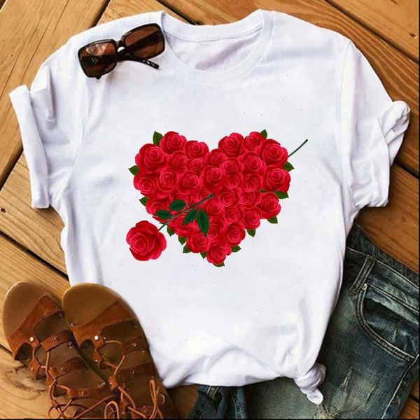 

fashion red rose cartoon womens t shirt print tshirts summer casual harajuku heart printed femme tees, White