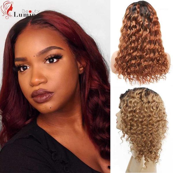 

human hair wigs deep wave malaysia remy 4x4/13x4 ombre colored lace wig soft silky pre pluck with baby for balck women1, Black;brown