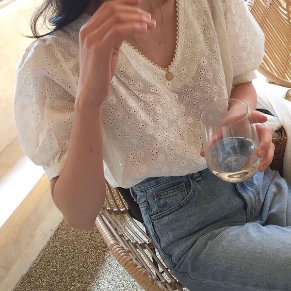 

women's blouses & shirts sweet lolita full floral embroidery v-neck white cotton sleeve shirt iz6e