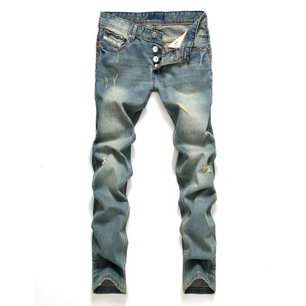 

men's jeans dress denim trousers plus size fashion ripped straight leg worn large, Blue