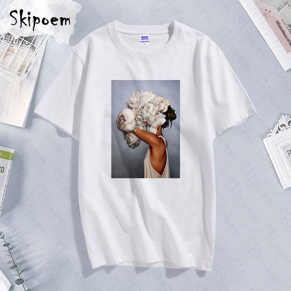 

new cotton harajuku aesthetics tshirt flowers feather print short sleeve & tees fashion casual couple t shirt, White
