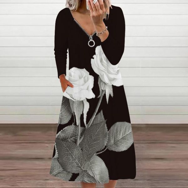 

casual dresses zipper dress women rose printed v-neck long sleeve strap open back maxi plus size autumn elegant, Black;gray